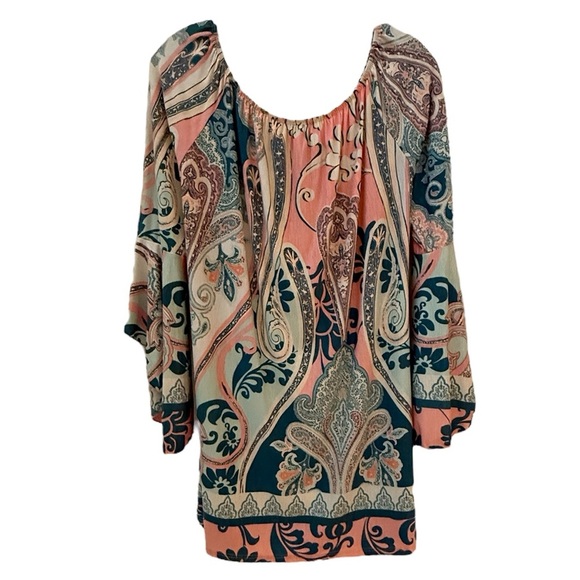 Relaxed Blue and Pink Blouse with Embellished Neckline - Picture 2 of 3